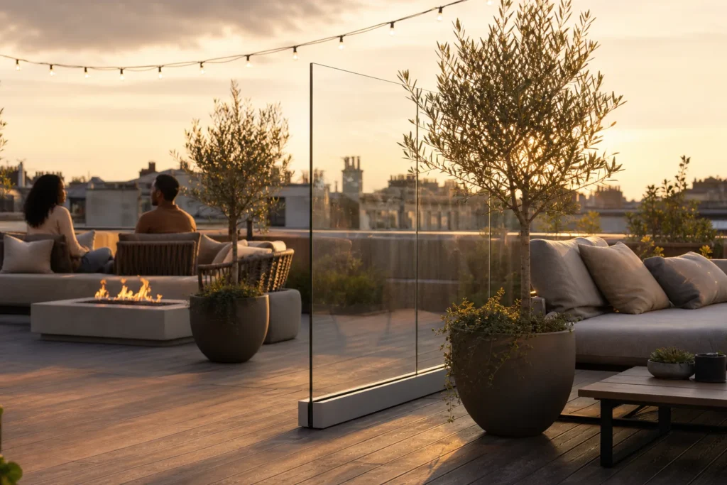 Raumhohe Glastrennwand als Windschutz auf einer Terrasse trennt zwei Sitzbereiche bei goldenem Abendlicht.