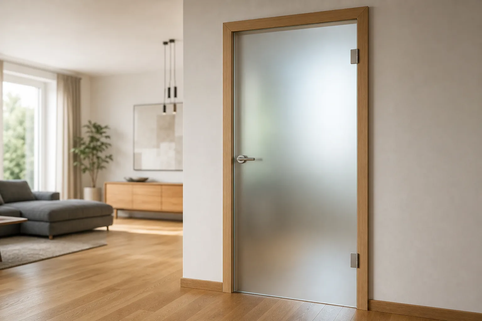 Satinierte Glasinnentür mit Holzzarge trennt Wohnbereich und Flur in einer modernen Altbauwohnung.