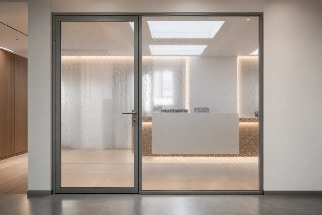 Glastür mit Fixteil und Ornamentglas als repräsentativer Zugang zu einem Büroraum.