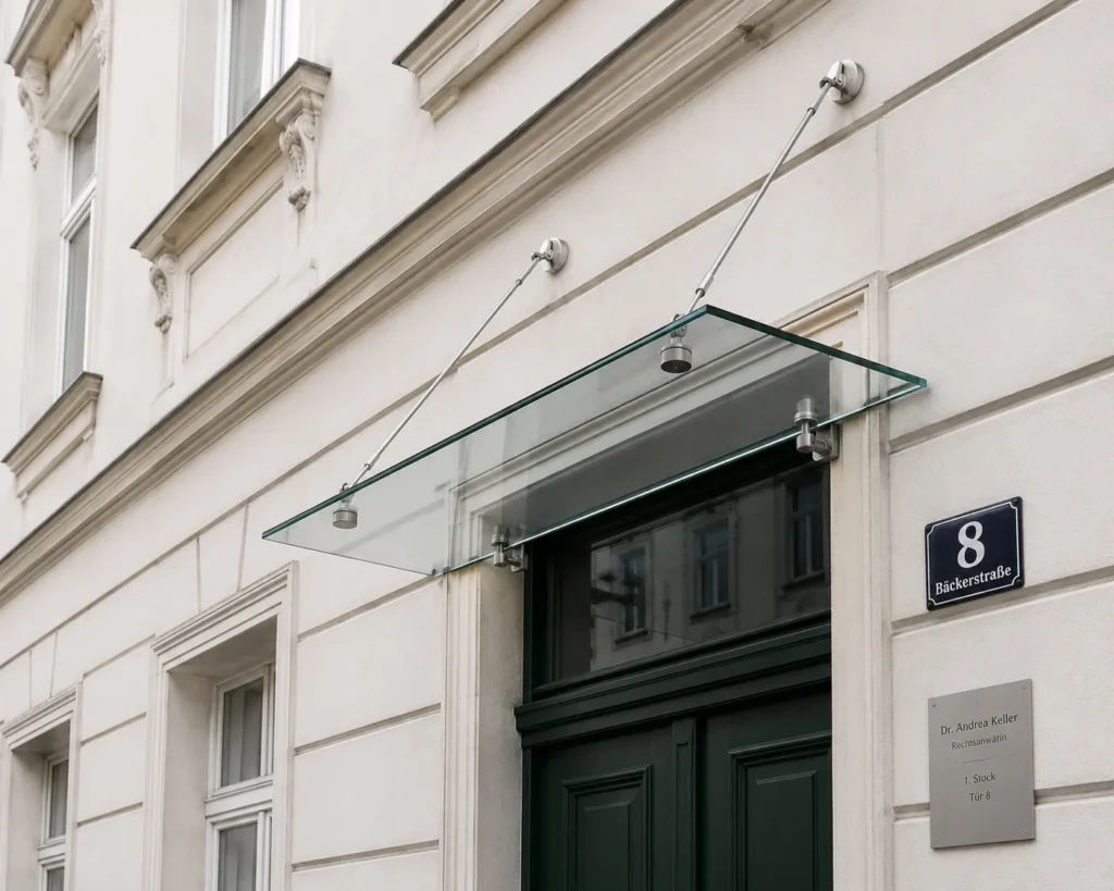 Glasvordach mit filigranen Edelstahl-Zugstangen zur Abhängung.