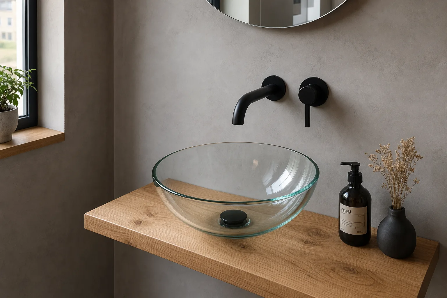 Rundes Glaswaschbecken aus klarem Sicherheitsglas als Aufsatzbecken auf einer Holzplatte im Gäste-WC, darüber eine hohe schwarze Wandarmatur