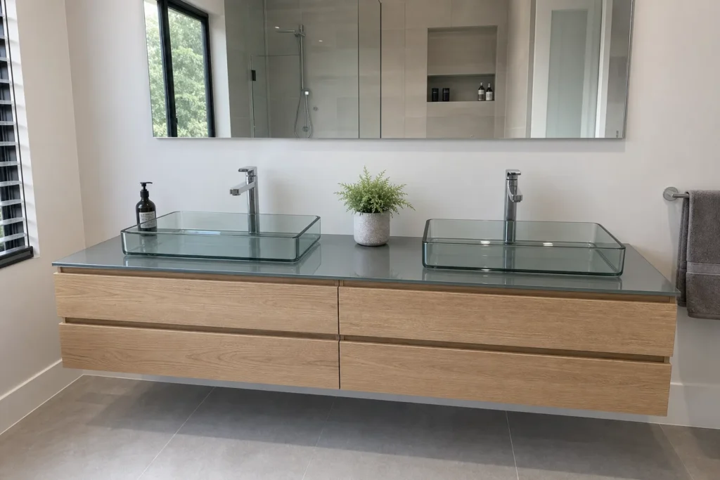 Rechteckiger Glaswaschtisch aus grau getöntem Sicherheitsglas mit zwei Aufsatzbecken über einem hellen Unterschrank in einem modernen Badezimmer