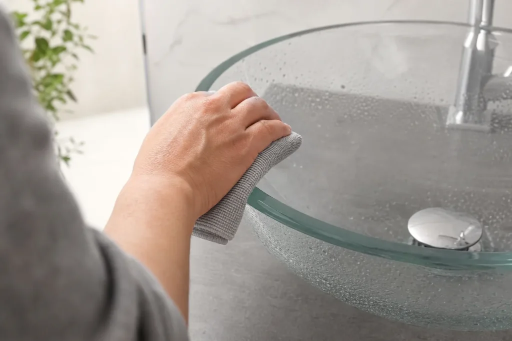 Nahaufnahme der polierten Kante eines Glaswaschbeckens beim Abziehen mit einem Mikrofasertuch, Wassertropfen auf der Glasoberfläche