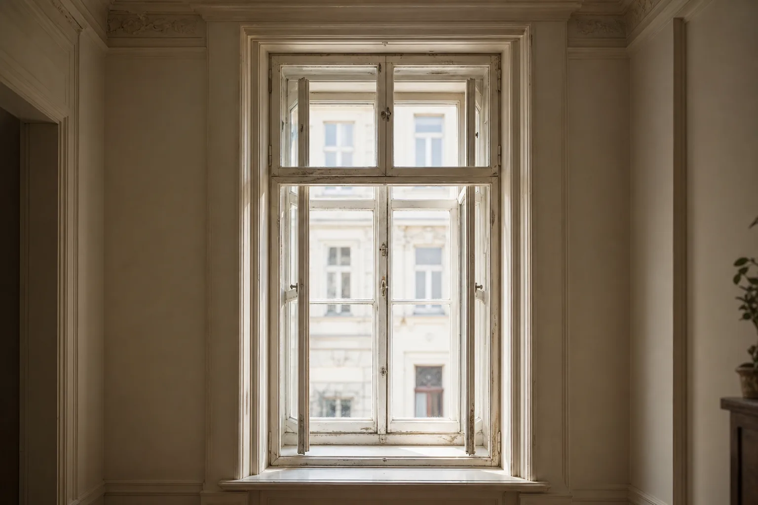 Blick von innen auf ein unsaniertes Wiener Kastenfenster mit zwei Flügelebenen in einer Gründerzeitwohnung.