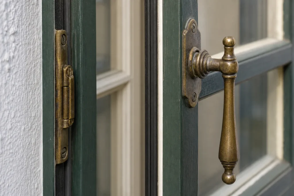 Nahaufnahme historischer Fensterbeschläge und Dichtungen an einem sanierten Kastenfenster.