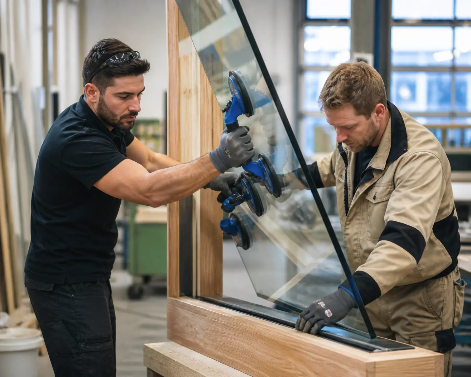Detailansicht einer präzise gefertigten Materialverbindung zwischen einer Glasscheibe und einem Holzfensterrahmen.