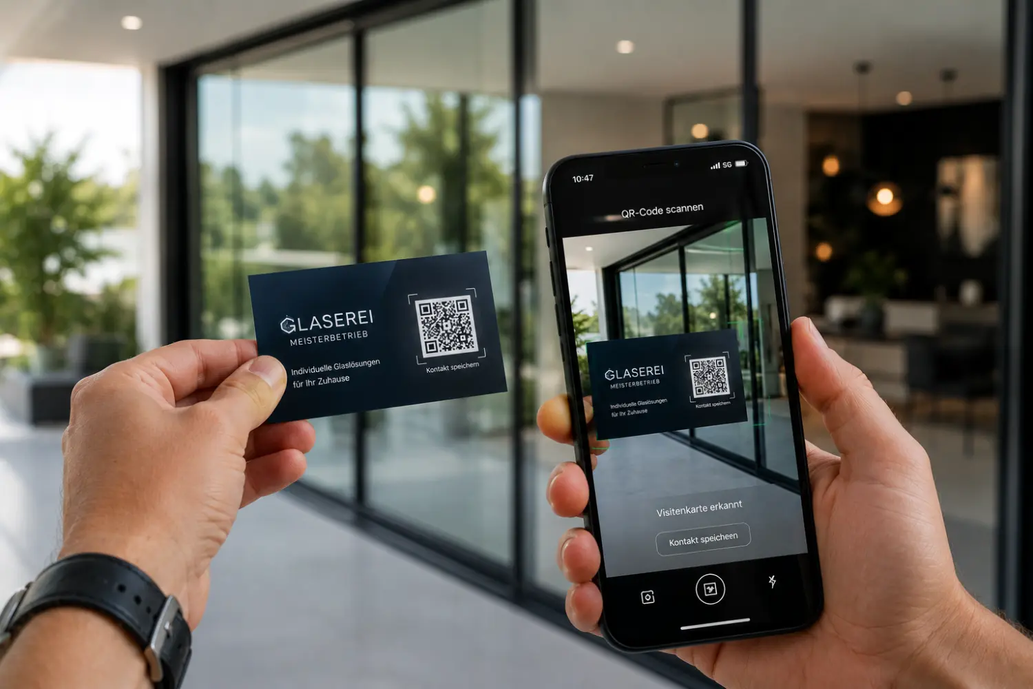 QR-Code auf einer Visitenkarte, der direkt zum Bewertungsprofil eines Glaser-Betriebs führt.