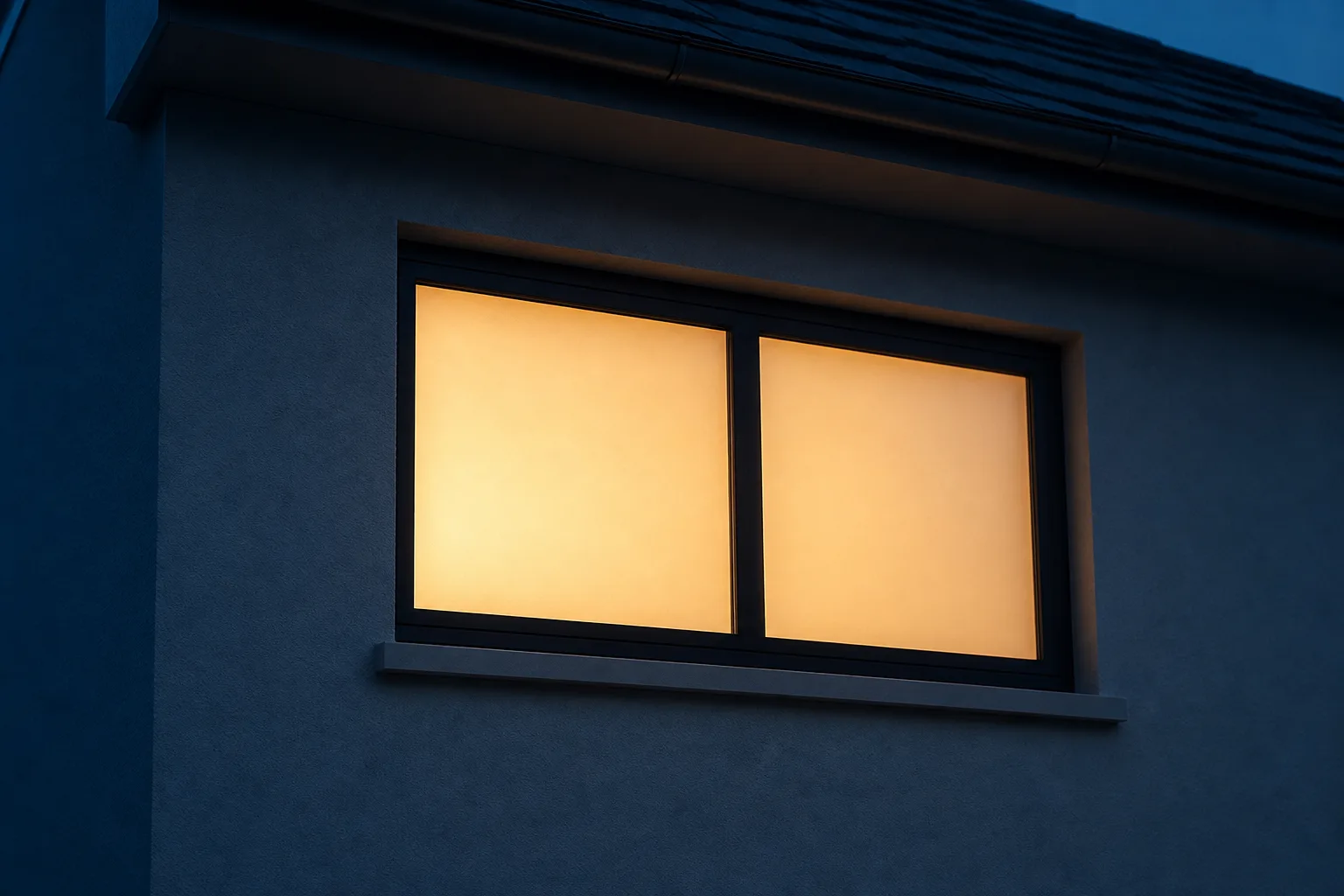 Beleuchtetes Fenster mit Milchglasfolie am Abend, das trotz Innenlicht blickdicht bleibt.