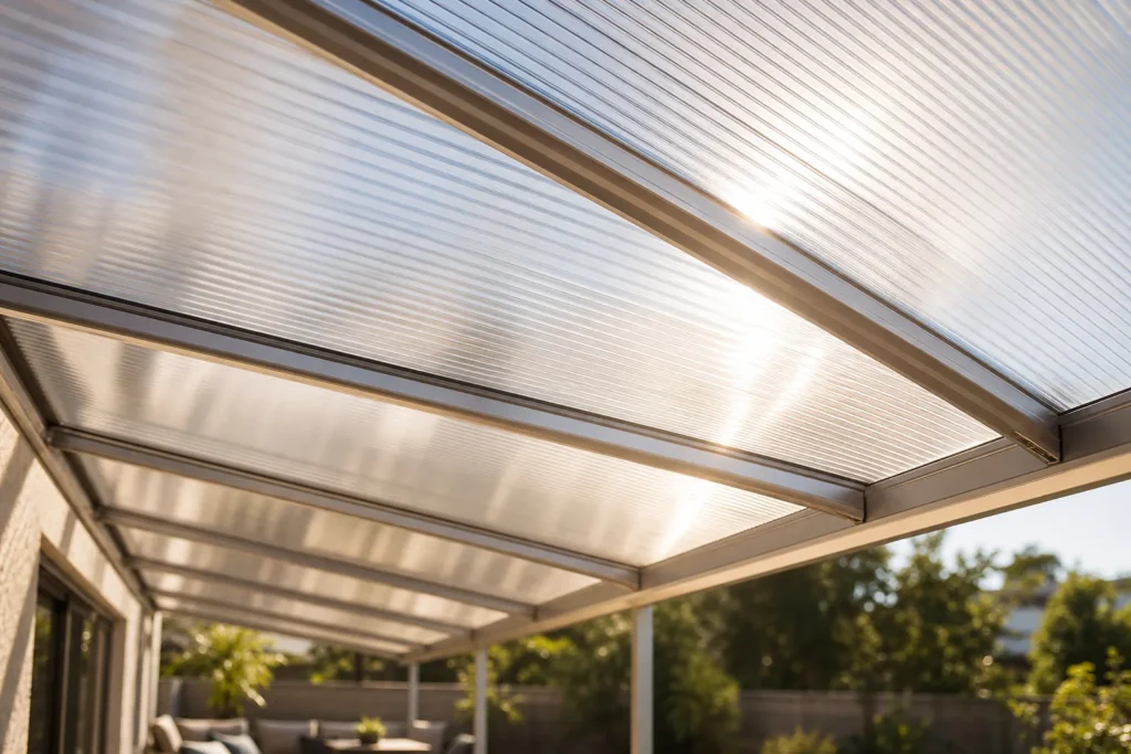 Eine Terrassenüberdachung aus lichtdurchlässigen Acrylglas-Platten lässt weiches Tageslicht in den Wohnbereich fallen.