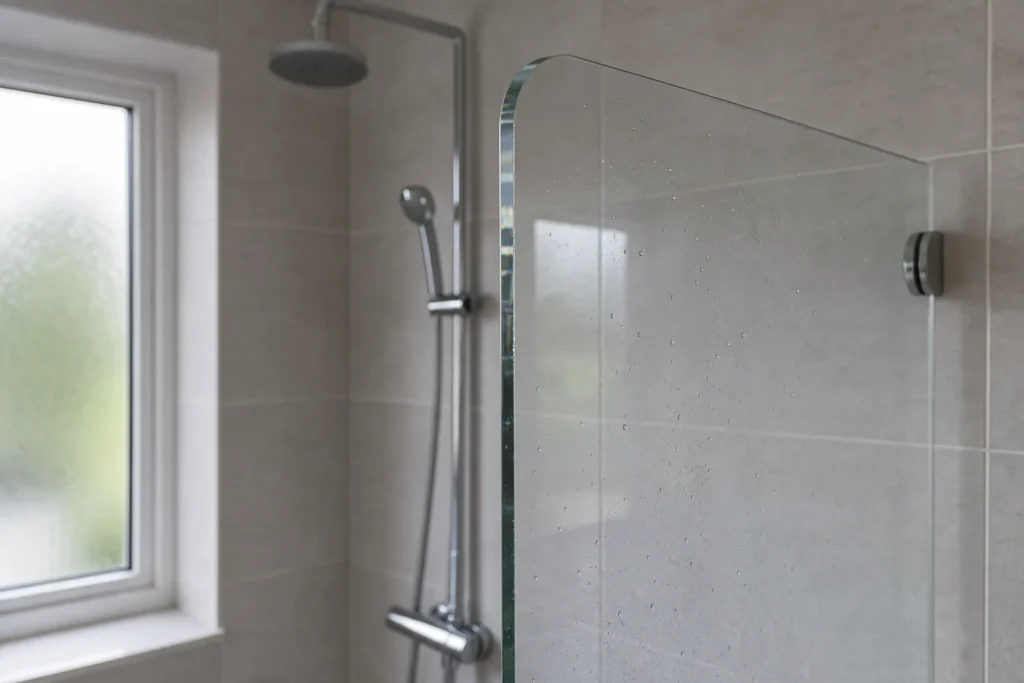 Eine transparente Acrylglas-Spritzschutzwand mit polierter Kante ist in einem modernen Badezimmer neben der Duschfläche montiert.