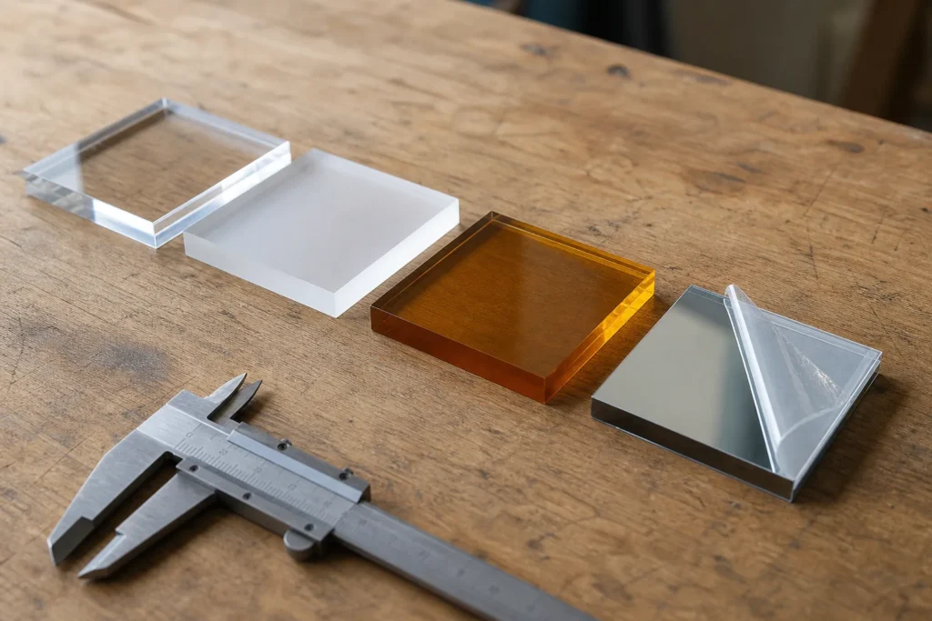 Mehrere Acrylglas-Musterplatten in unterschiedlichen Stärken, Farben und Oberflächen liegen zum Vergleich auf einer Werkbank.