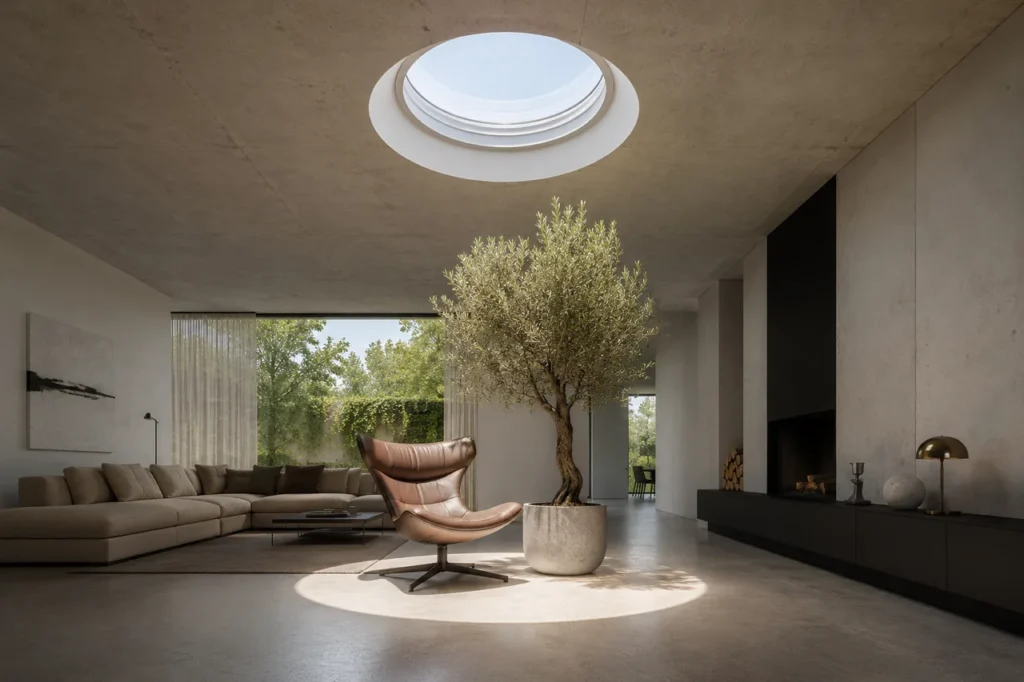 Runde Lichtkuppel, die ein Wohnzimmer mit natürlichem Tageslicht von oben versorgt.