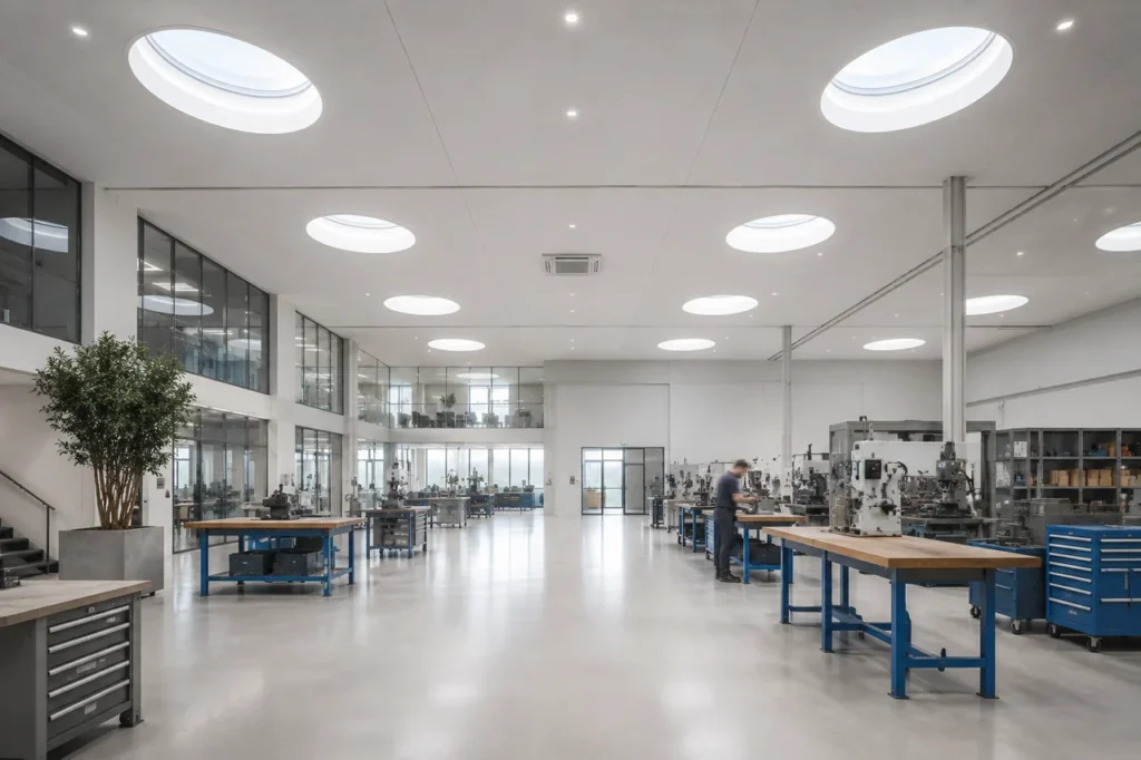 Mehrere runde Lichtkuppeln sorgen in einer Produktionshalle für Tageslicht.