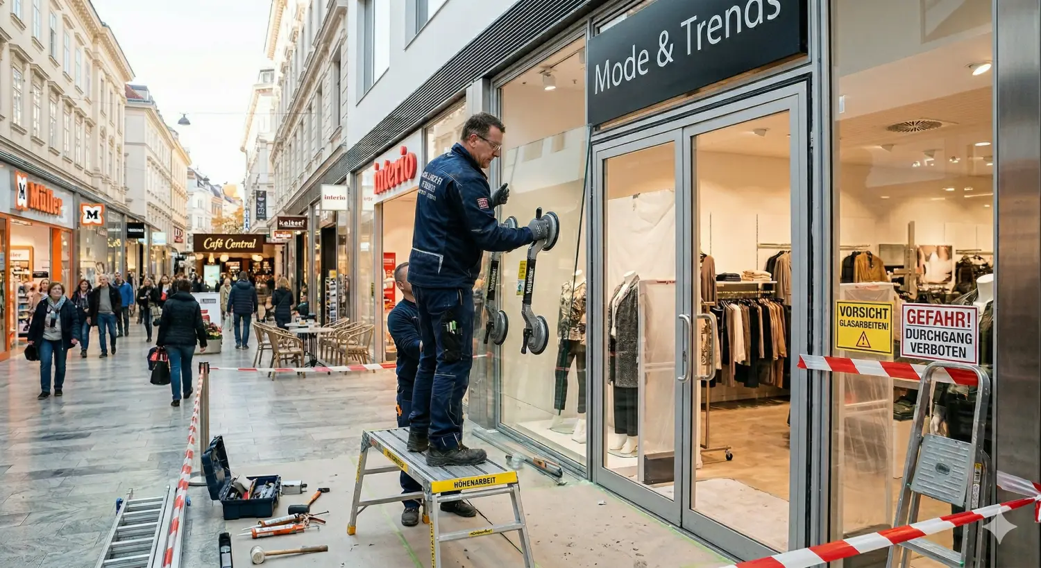 Handwerker bei der Montage einer neuen, großen Schaufensterscheibe mit einem Saugkran.