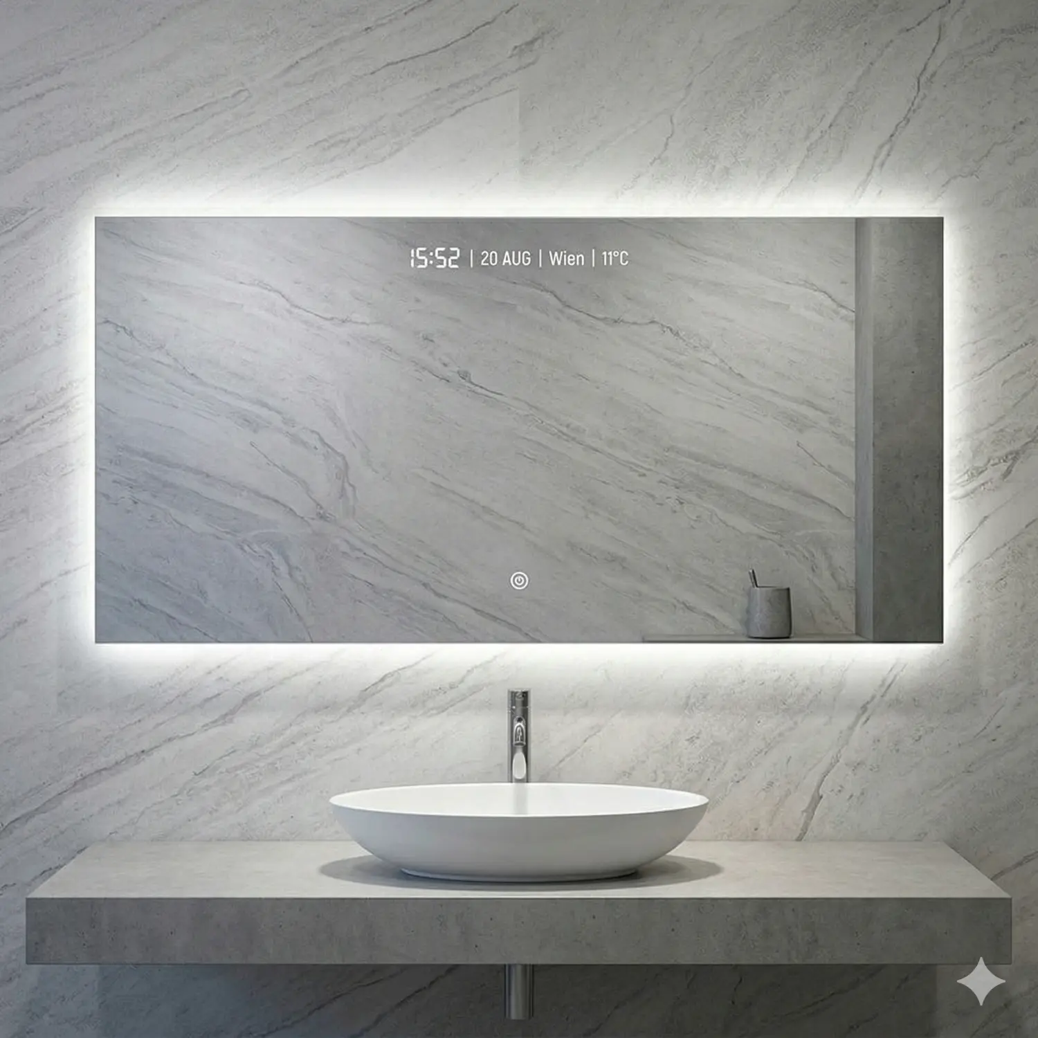 Ein Smart Mirror im Badezimmer zeigt eine personalisierte Benutzeroberfläche mit Wetter, Kalender und Nachrichten.