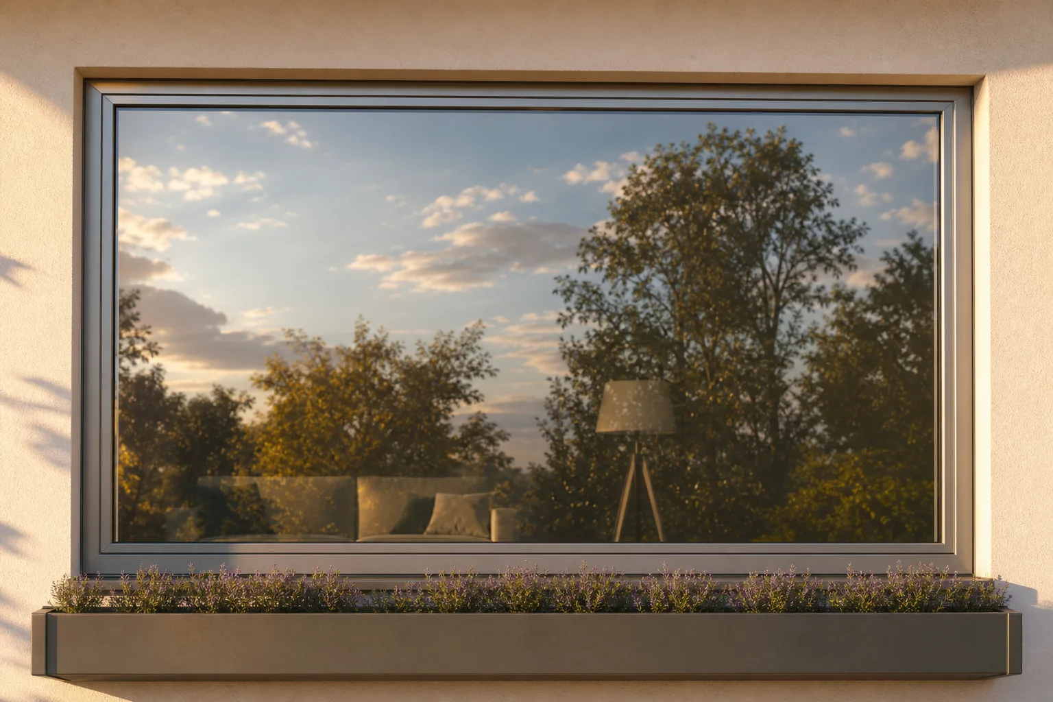 Spiegelfolie an einem Fenster reflektiert tagsüber die Umgebung und schützt vor Sonne und Blicken.