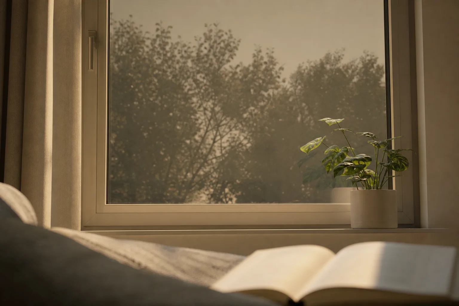 Blick durch ein Fenster mit Spiegelfolie von innen bei gedämpftem Sonnenlicht.