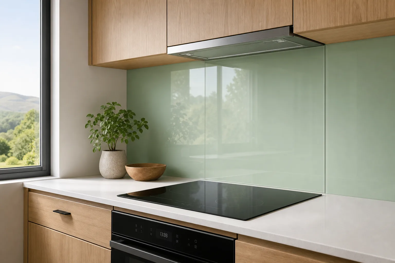 Moderne Kueche mit salbeigruenem, lackiertem Glas-Spritzschutz als Teilflaeche hinter dem Induktionskochfeld.