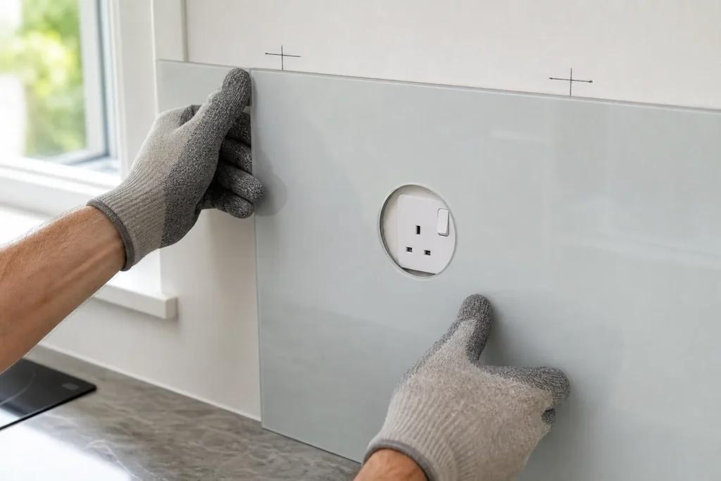 Detailaufnahme eines Glas-Spritzschutzes mit passgenauem Ausschnitt für eine Steckdose während der Montage.