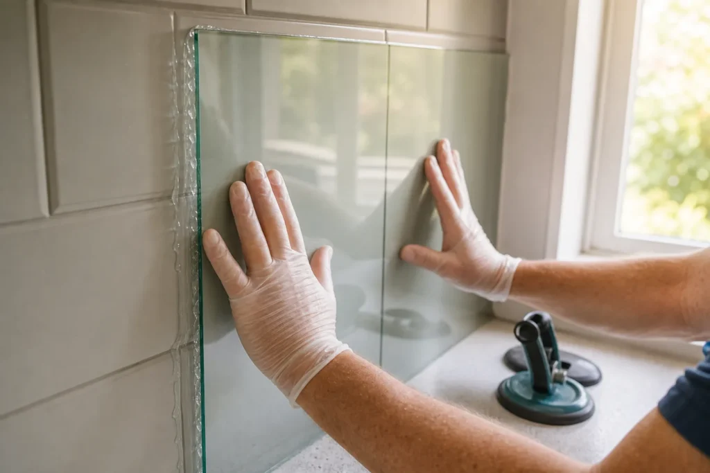 Montage eines Glas-Spritzschutzes ohne Bohren: Andrücken der Scheibe auf eine mit Klebstoff vorbereitete Küchenwand.