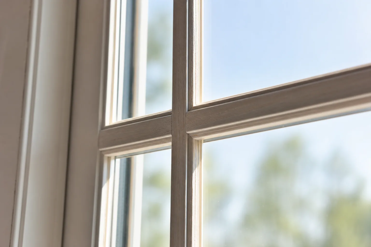 Nahaufnahme eines Sprossenfensters mit echten, glasteilenden Sprossen im Sonnenlicht