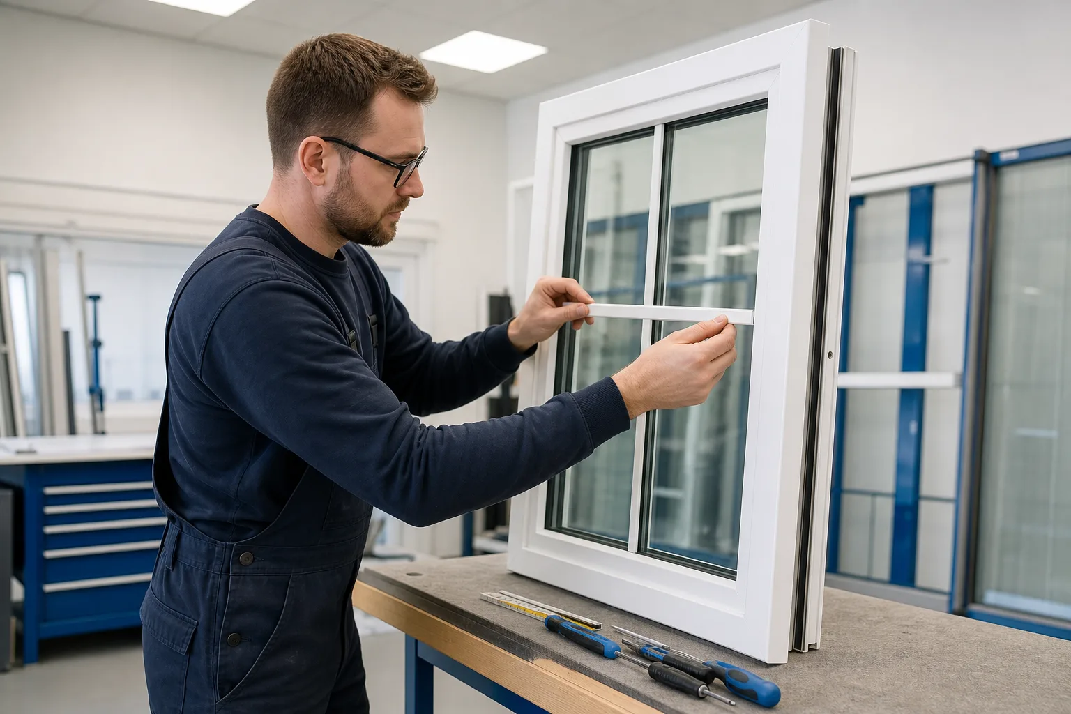 Fensterbauer montiert ein Sprossenfenster mit Wiener Sprosse in der Werkstatt