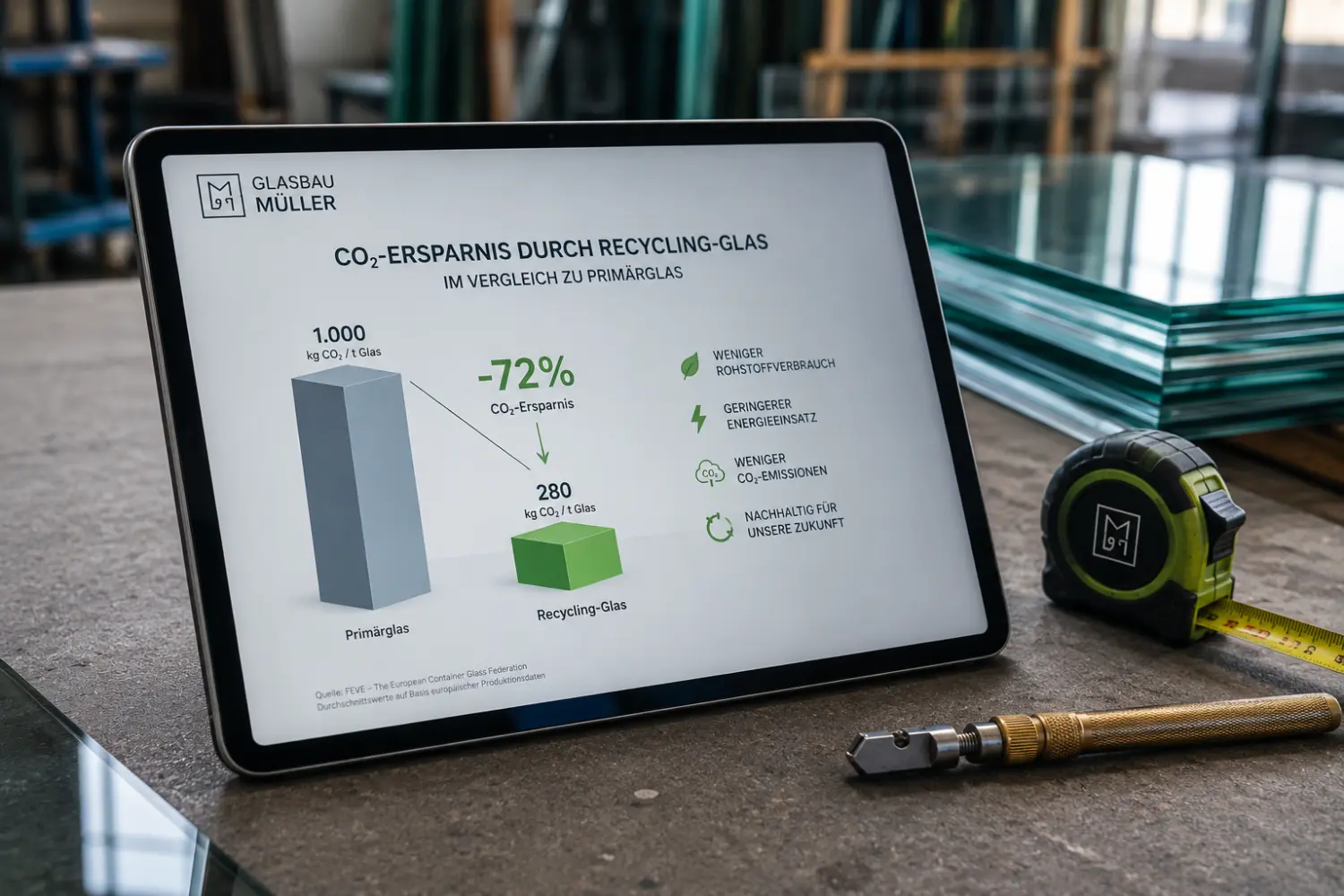 Moderne Glasfabrik, die auf CO2-arme Produktion mit erneuerbaren Energien setzt.