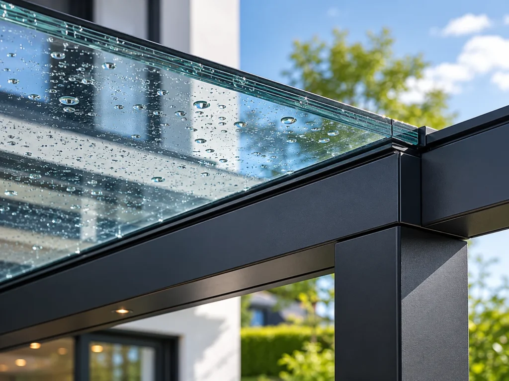 Verglaste Terrassenüberdachung, die Tageslicht durchlässt und vor Witterung schützt.