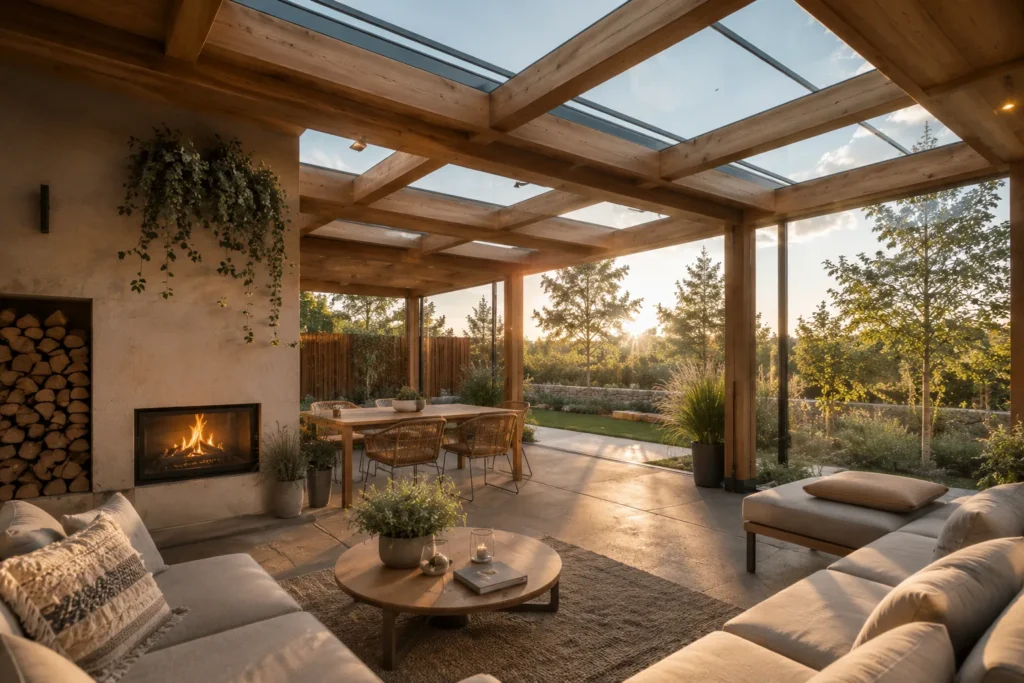 Holz-Terrasse mit gläserner Überdachung als wettergeschützter Freisitz.