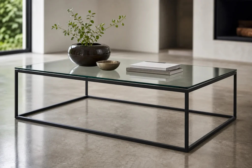 Freitragende Glasplatte auf einem filigranen Metallgestell als moderner Couchtisch.