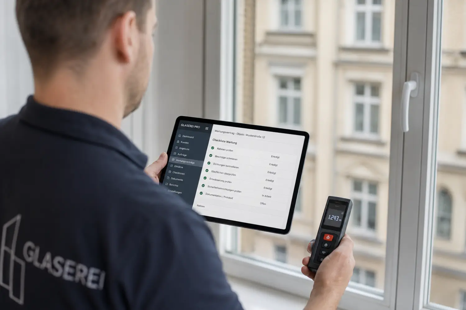 Detailaufnahme eines Fensterbeschlags während der Wartung durch einen Glaser