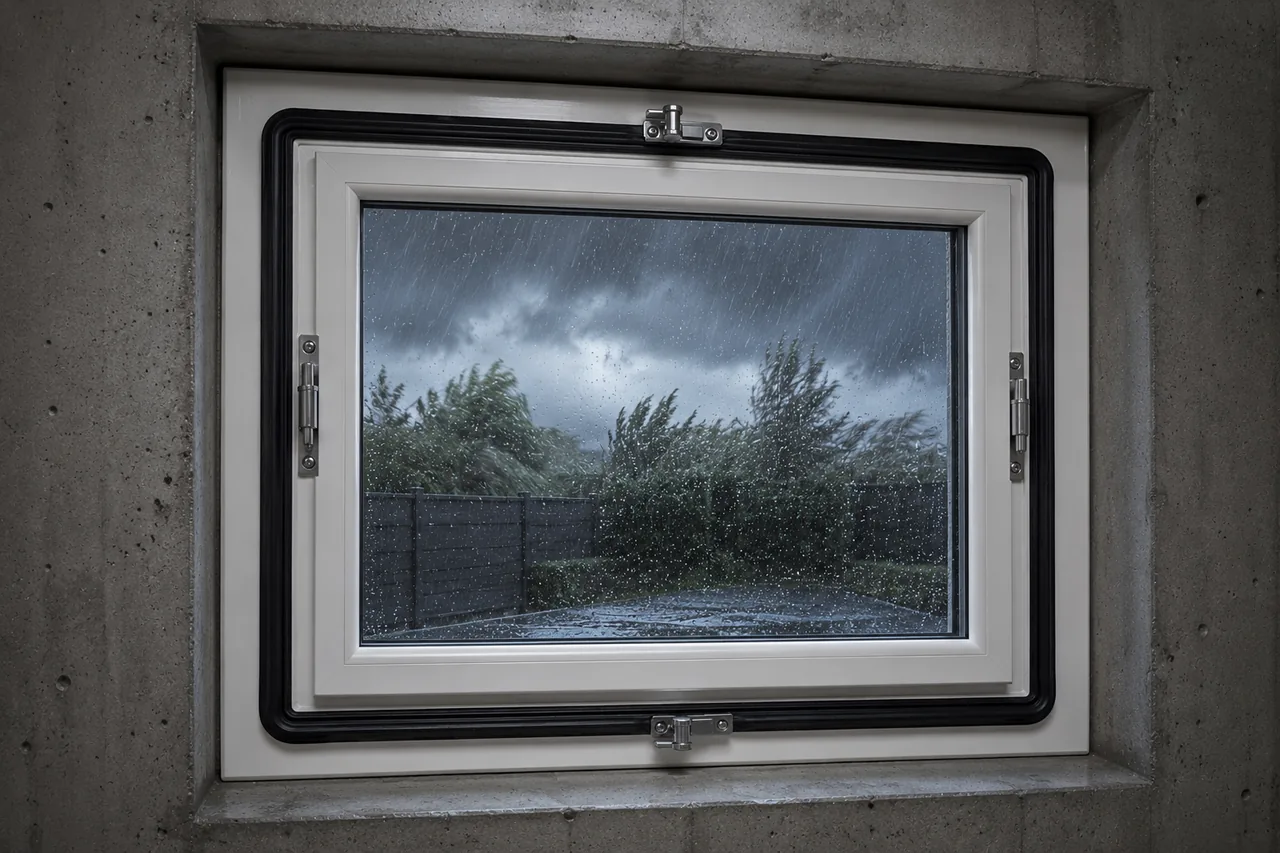 Hochwasserdichtes Kellerfenster hält Regenwasser im Lichtschacht zuverlässig ab