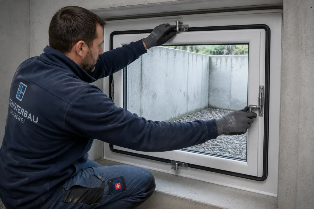 Fachbetrieb montiert ein hochwasserdichtes Kellerfenster mit spezieller Verriegelung