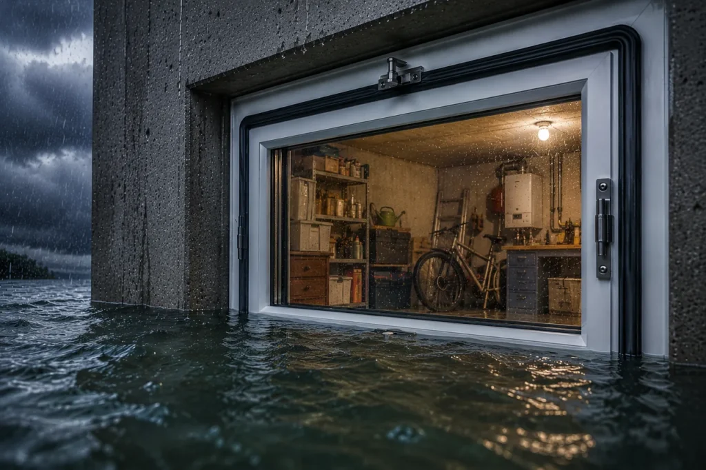 Hochwasserdichtes Kellerfenster hält bei Überflutung dicht, während der Keller innen trocken bleibt