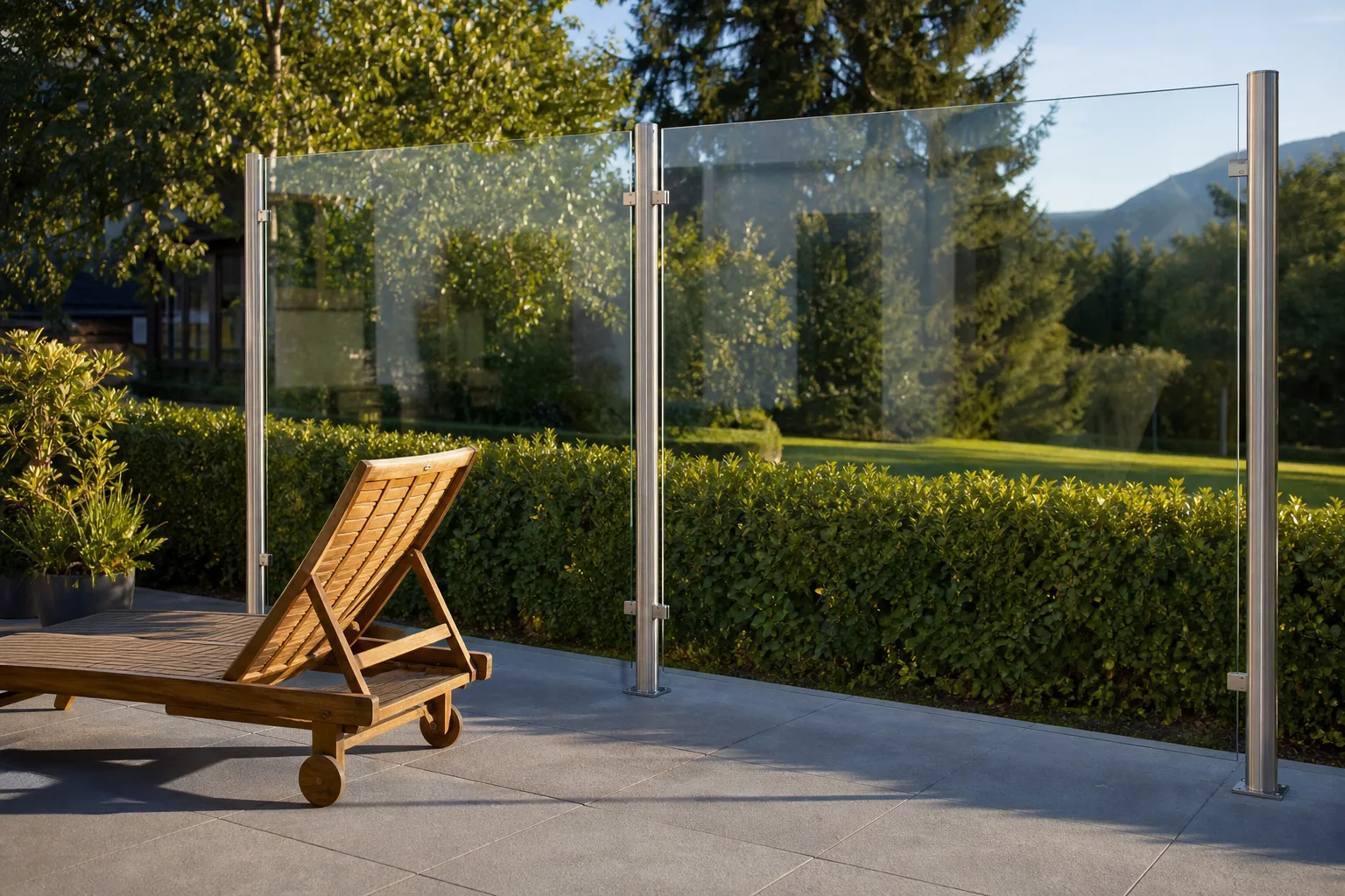 Feststehender Windschutz für die Terrasse aus klarem Sicherheitsglas mit schlanken Edelstahlpfosten neben einer Sitzgruppe aus Holz