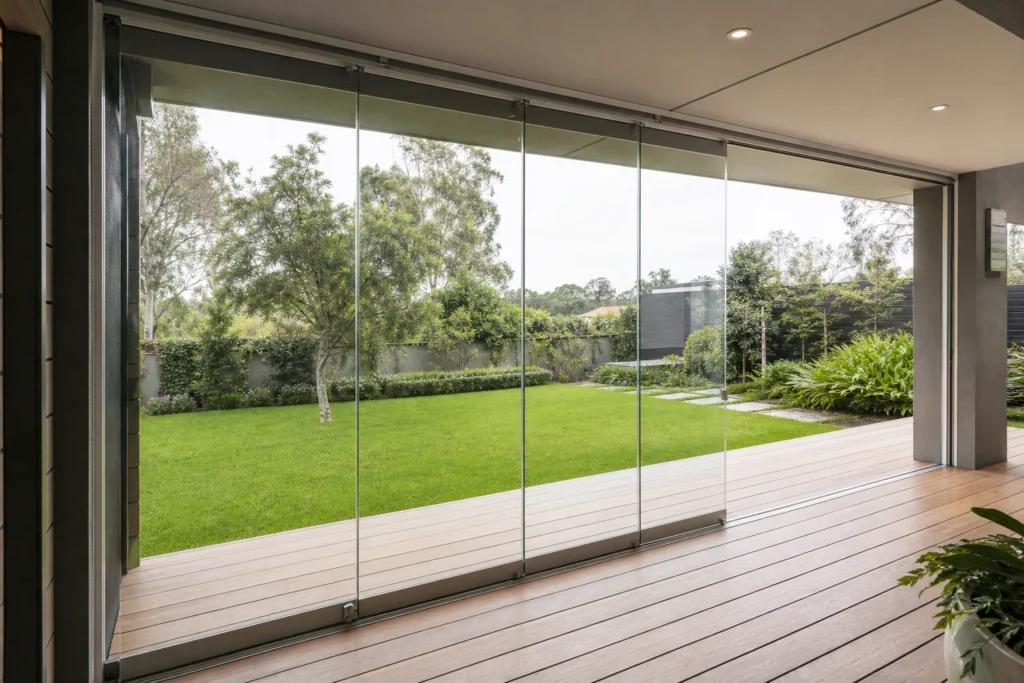 Rahmenlose Glas-Schiebeelemente als Windschutz an einer überdachten Terrasse, ein Element ist zur Seite geschoben und gibt den Durchgang frei