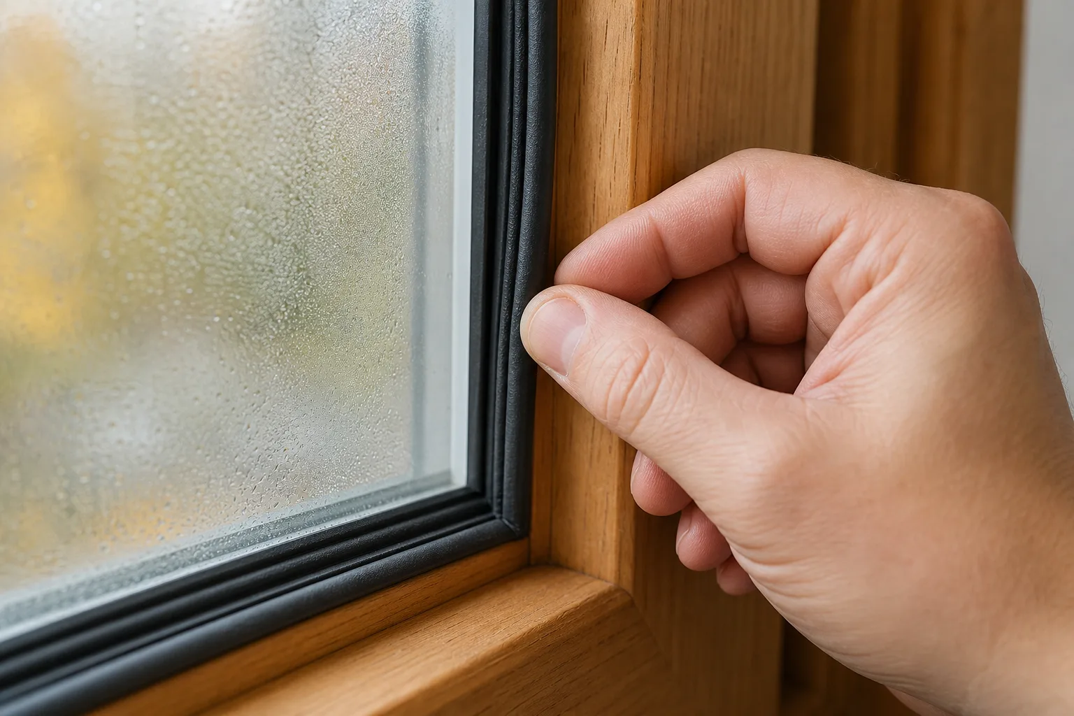 Eine Hand prüft beim Winter-Check für Fenster die Elastizität der Gummidichtung am geschlossenen Fensterflügel.