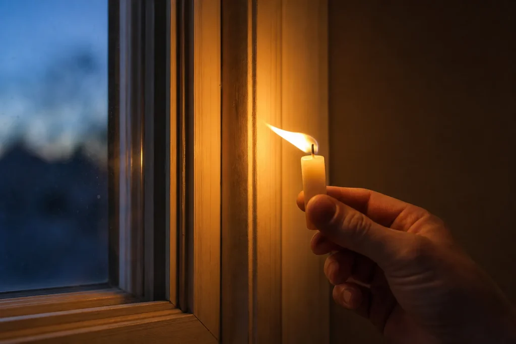 Kerzentest am Fenster: Die flackernde Flamme zeigt Zugluft an einer undichten Stelle des Fensterrahmens.