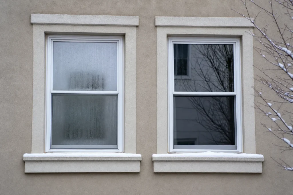 Zwei Fenster einer Hausfassade im Winter im Vergleich: eine beschlagene und eine klare, dicht schließende Scheibe.