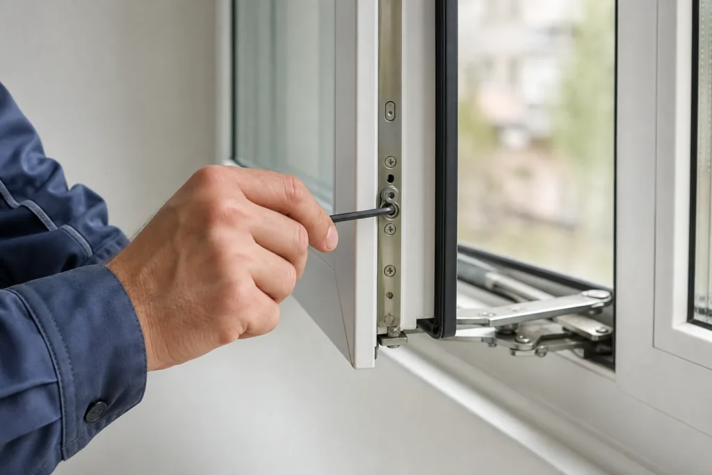 Eine Fachperson justiert mit einem Inbusschlüssel den Verriegelungszapfen am Beschlag eines geöffneten Fensters.