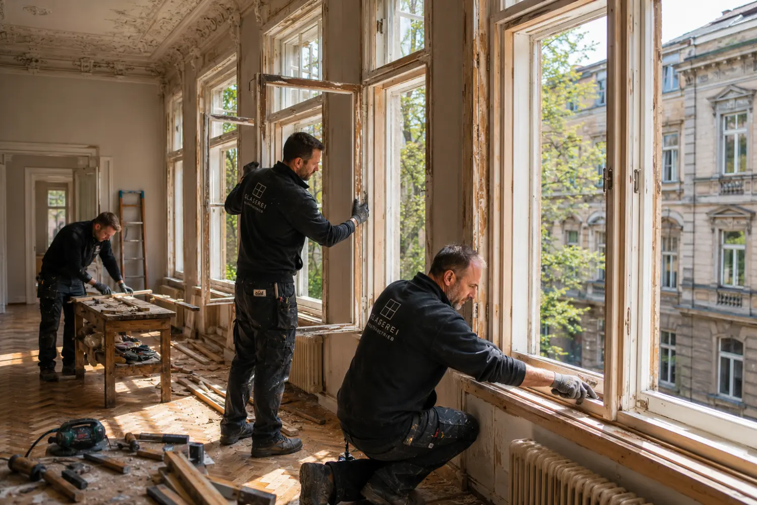 Glaser-Fachbetrieb tauscht alte Fenster gegen modernes Dreifach-Isolierglas in einem Altbau aus.