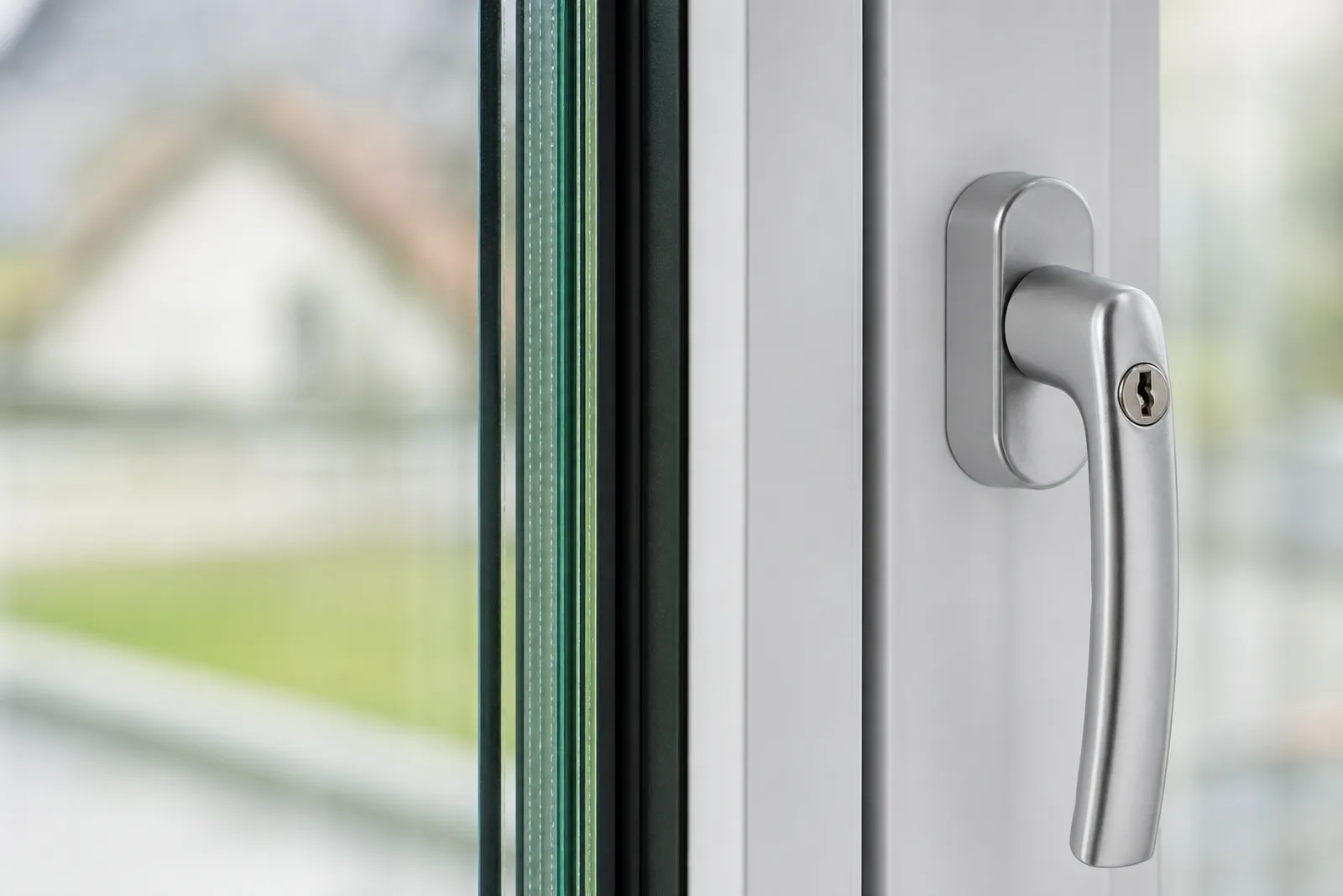 Nahaufnahme eines einbruchhemmenden Fensters mit Verbundsicherheitsglas und Beschlag