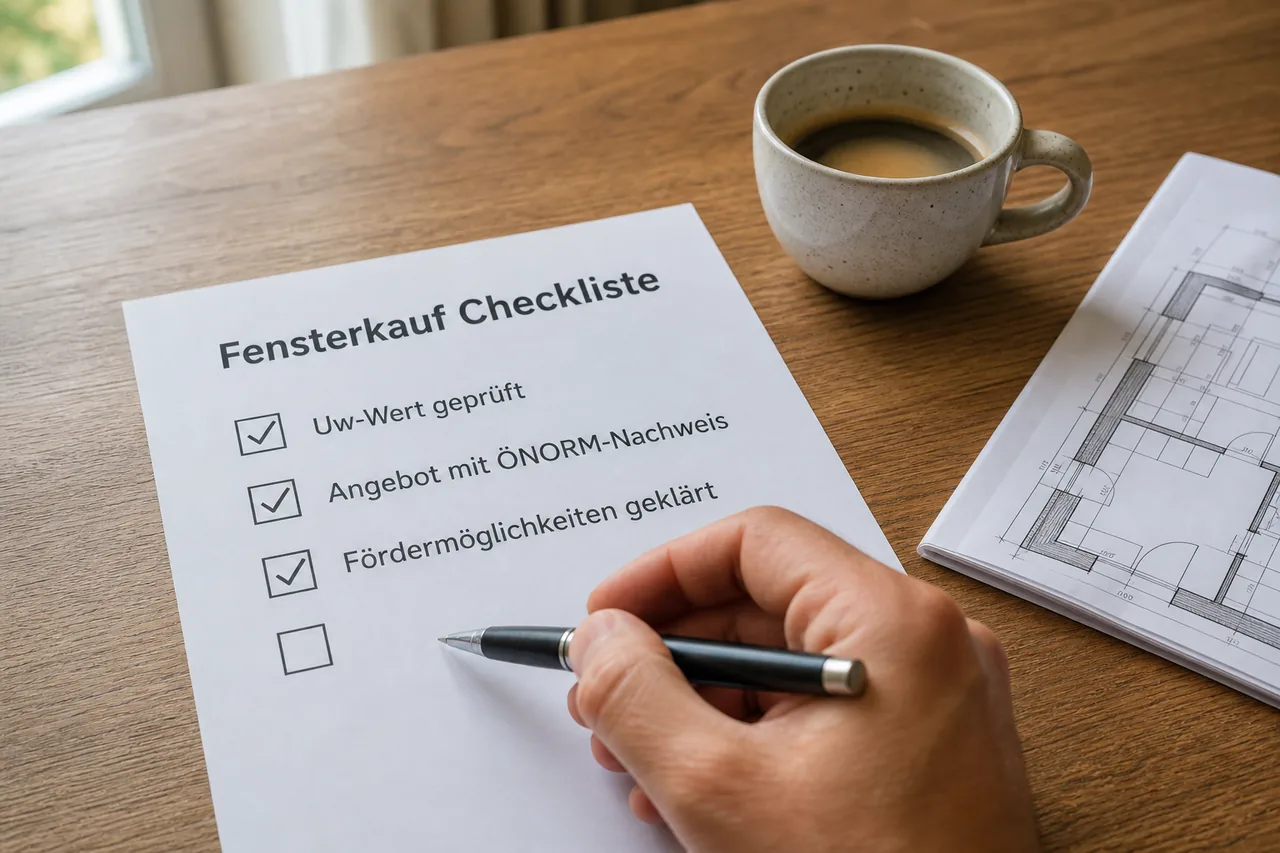 Hand hakt Punkte auf einer ausgedruckten Fensterkauf-Checkliste ab, u.a. Uw-Wert und Fördermöglichkeiten