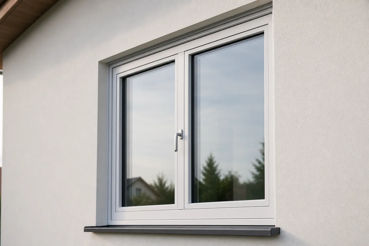 Neu eingebautes weißes Fenster mit Dreifachverglasung in der hellen Fassade eines Einfamilienhauses