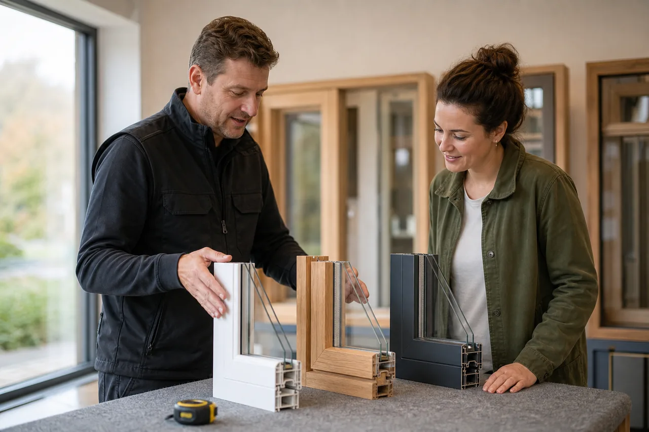 Glaser präsentiert einer Kundin im Showroom drei Rahmenmaterial-Muster aus PVC, Holz und Aluminium für den Fensterkauf