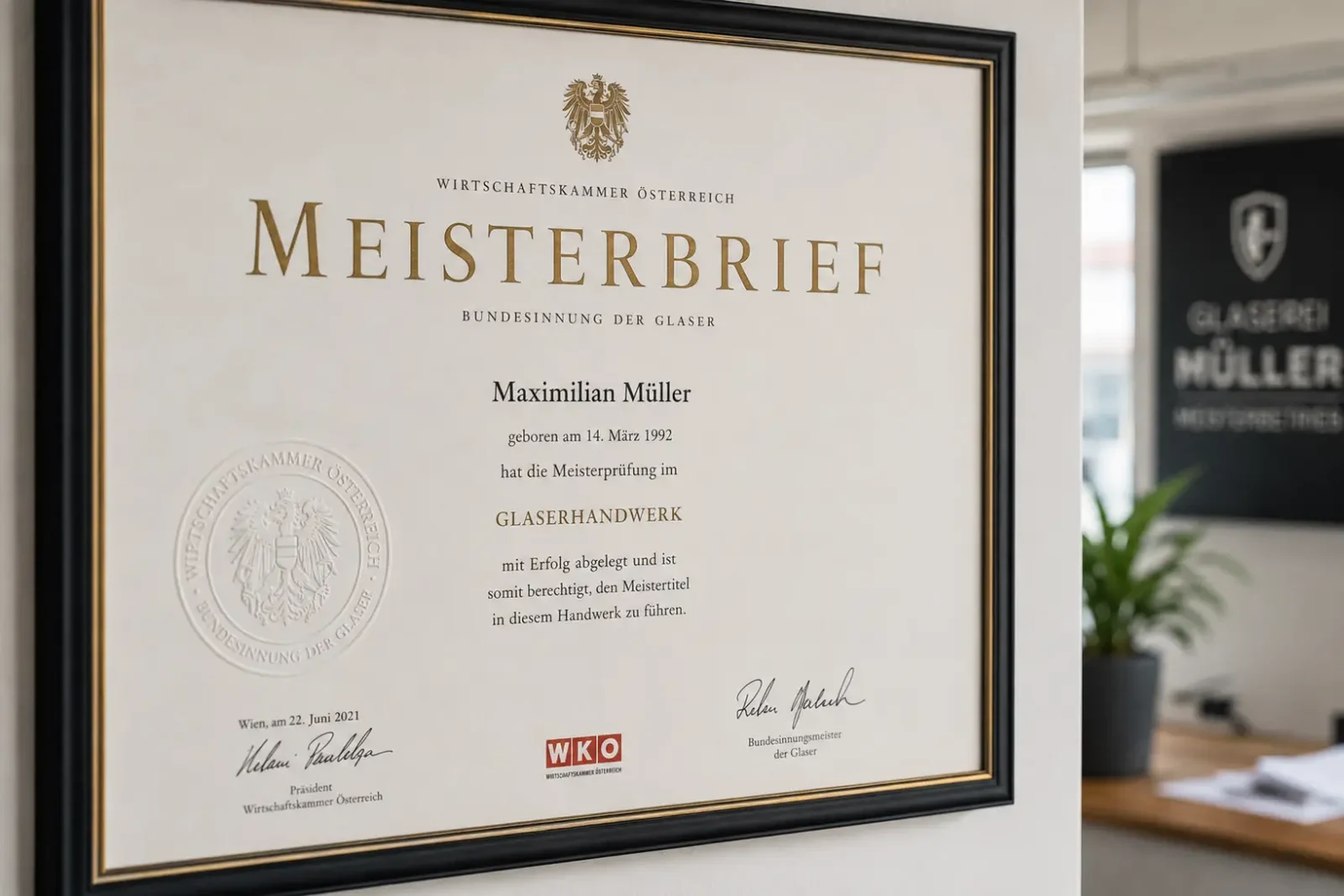 Meisterbrief als offizieller Qualifikationsnachweis eines Glaser-Meisterbetriebs