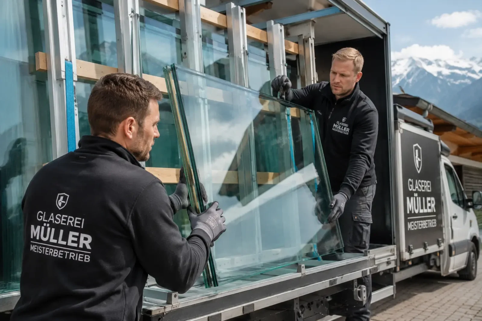 Zwei Glaser eines Meisterbetriebs beim gemeinsamen Transport einer Isolierglasscheibe