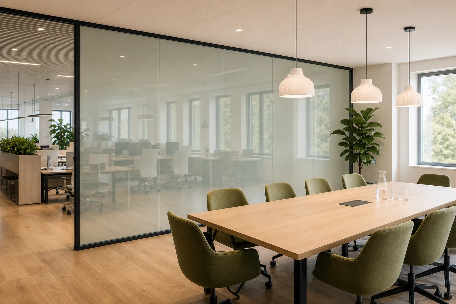 Schaltbares Glas als Trennwand in einem hellen Büro- oder Wohnraum