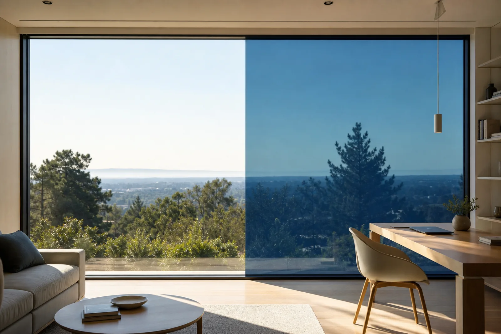 Elektrochromes Glas im Übergang von klar zu getönt in einer Fensterfront