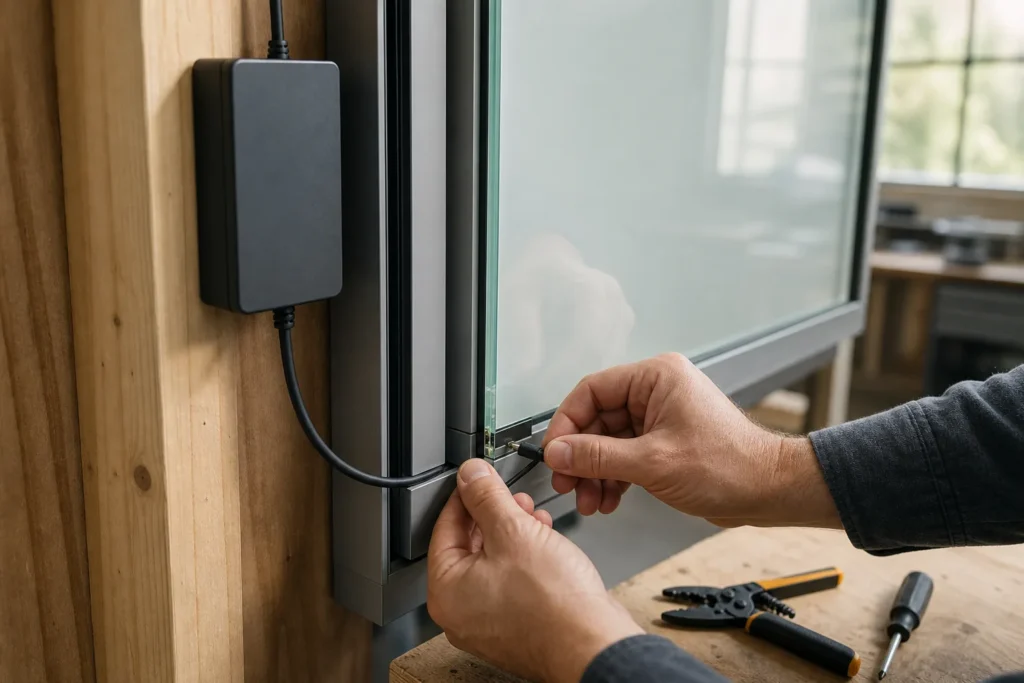 Handwerker verbindet das Anschlusskabel des Trafos mit der PDLC-Smart-Glass-Scheibe im Fensterrahmen